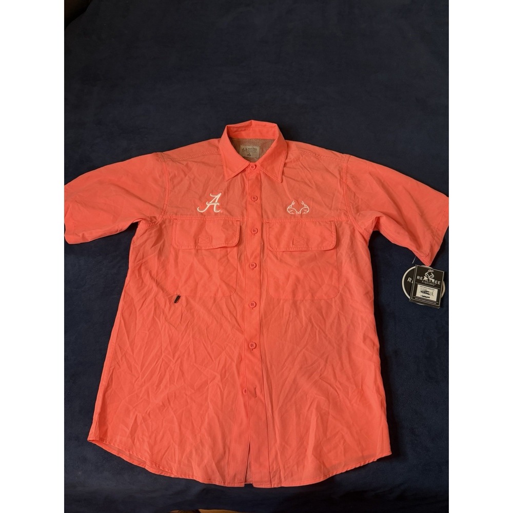 Realtree Alabama Embroidered Vented Fishing Shirt Mens Small Pink Orange NEW